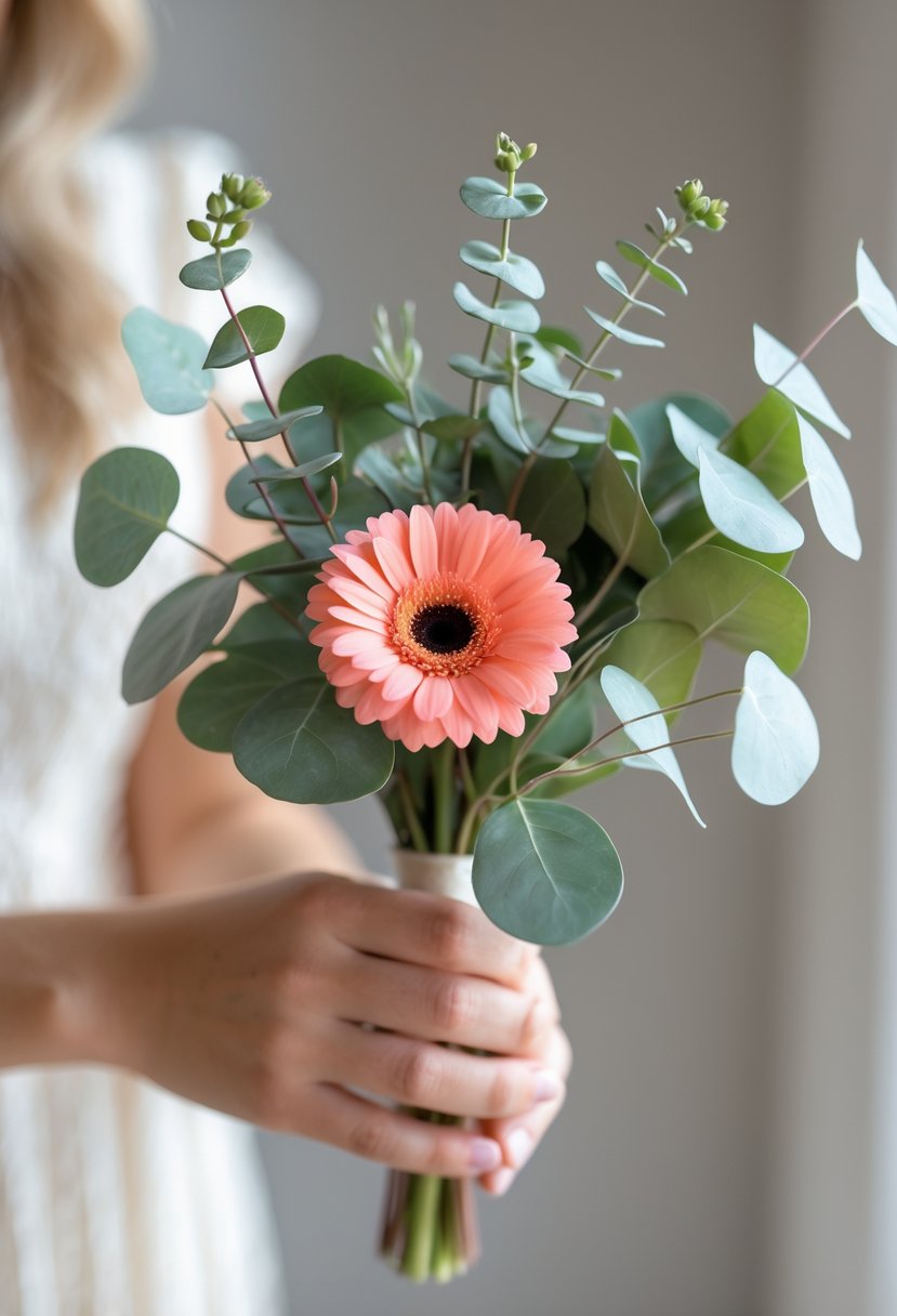 A small wedding bouquet with a single bright Gerbera Daisy and eucalyptus leaves held in hands against a soft blurred background.