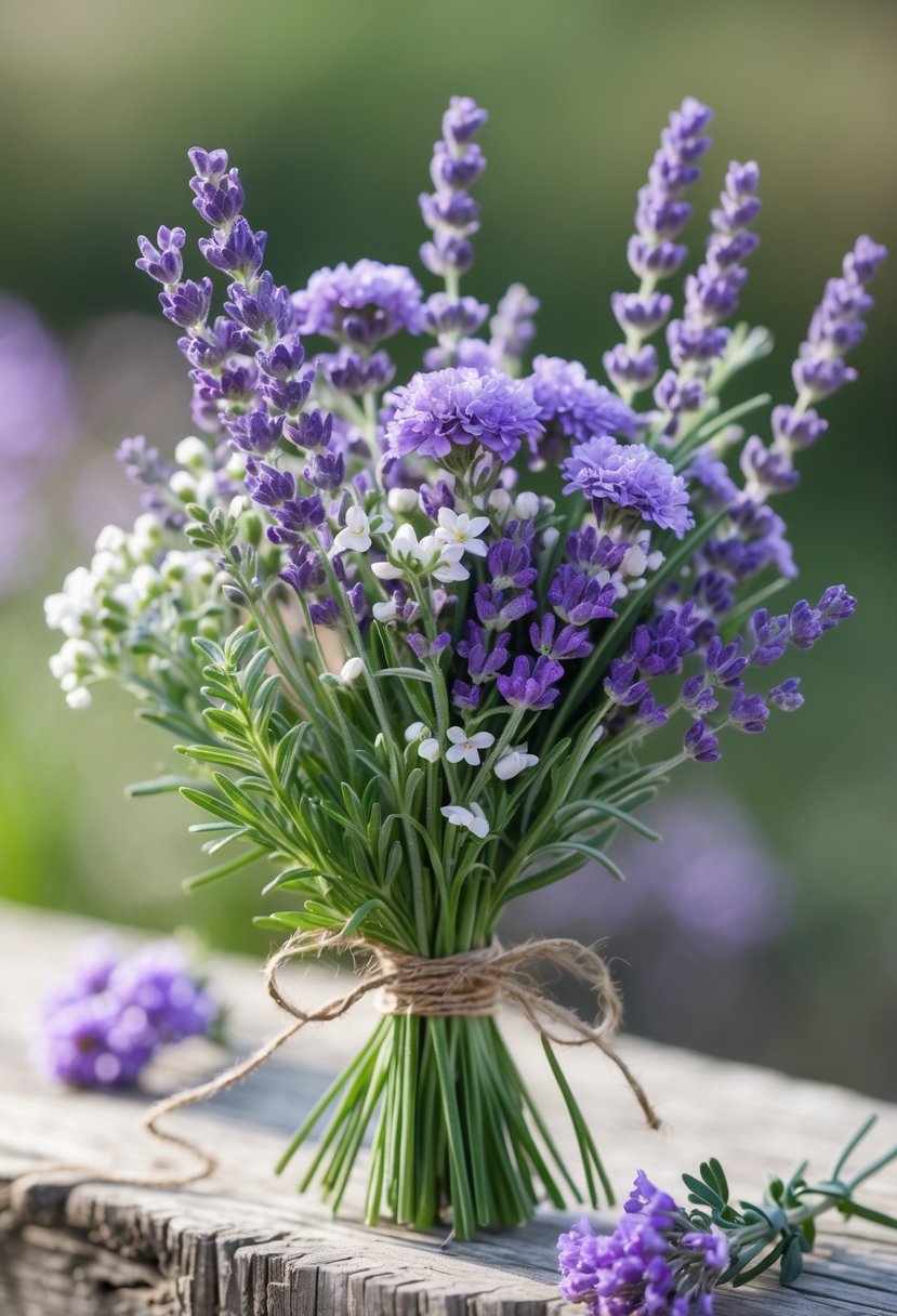 A small bouquet of garden lavender and statice flowers resting on a wooden surface.
