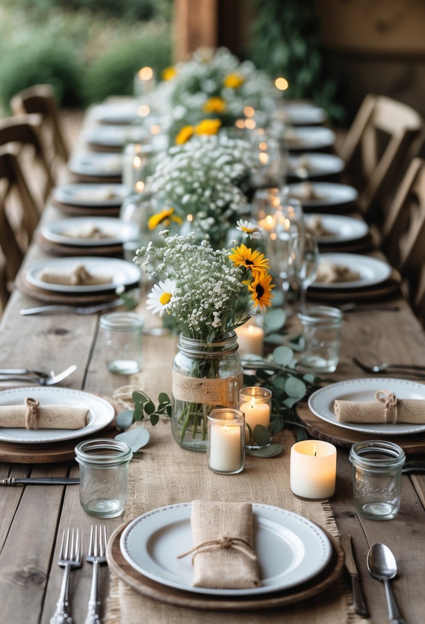 A wedding table decorated with wildflowers in mason jars, candles, wooden place cards, and simple tableware on a wooden table.