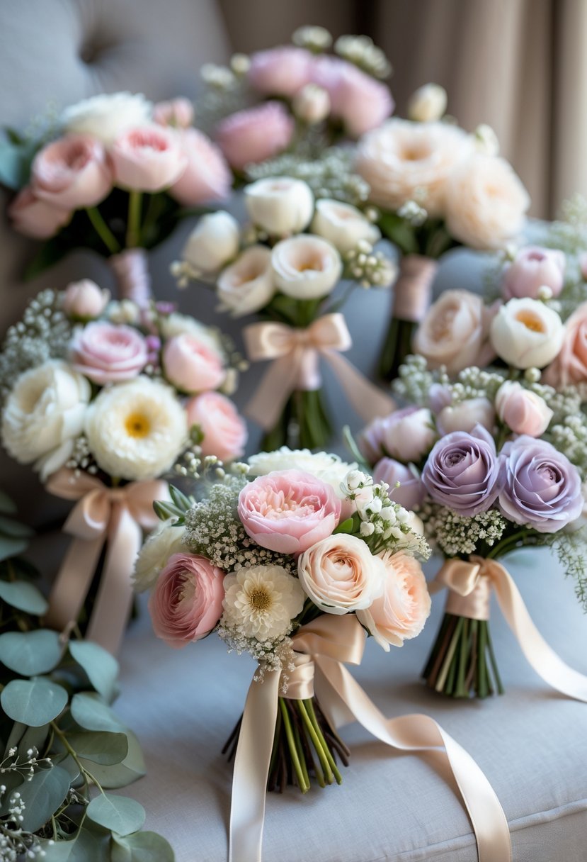 Several small wedding bouquets with pastel flowers and greenery arranged on a neutral surface.