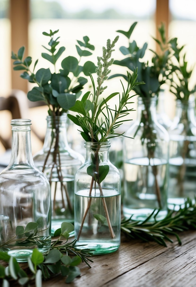 Glass bottles with fresh green sprigs arranged on a wooden table as wedding decorations.