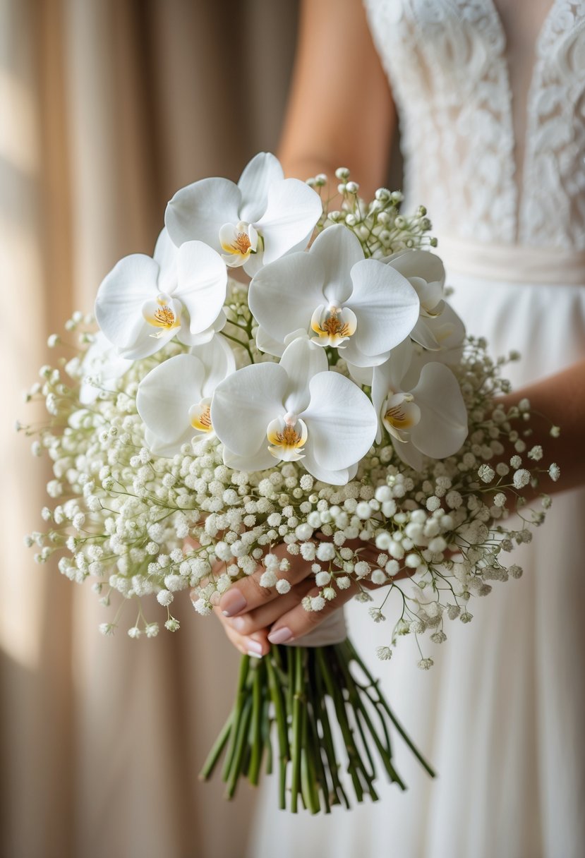 A small bouquet of white orchids and baby's breath flowers against a softly blurred background.