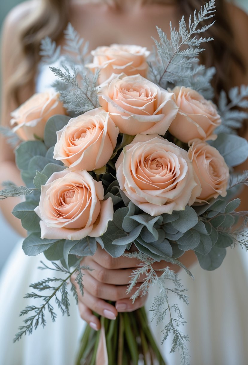 A small wedding bouquet of peach roses with silvery dusty miller leaves.