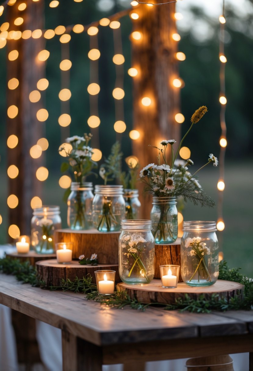 A wedding table centerpiece with string lights wrapped around wooden slabs, mason jars with flowers, candles, and greenery on a wooden table.