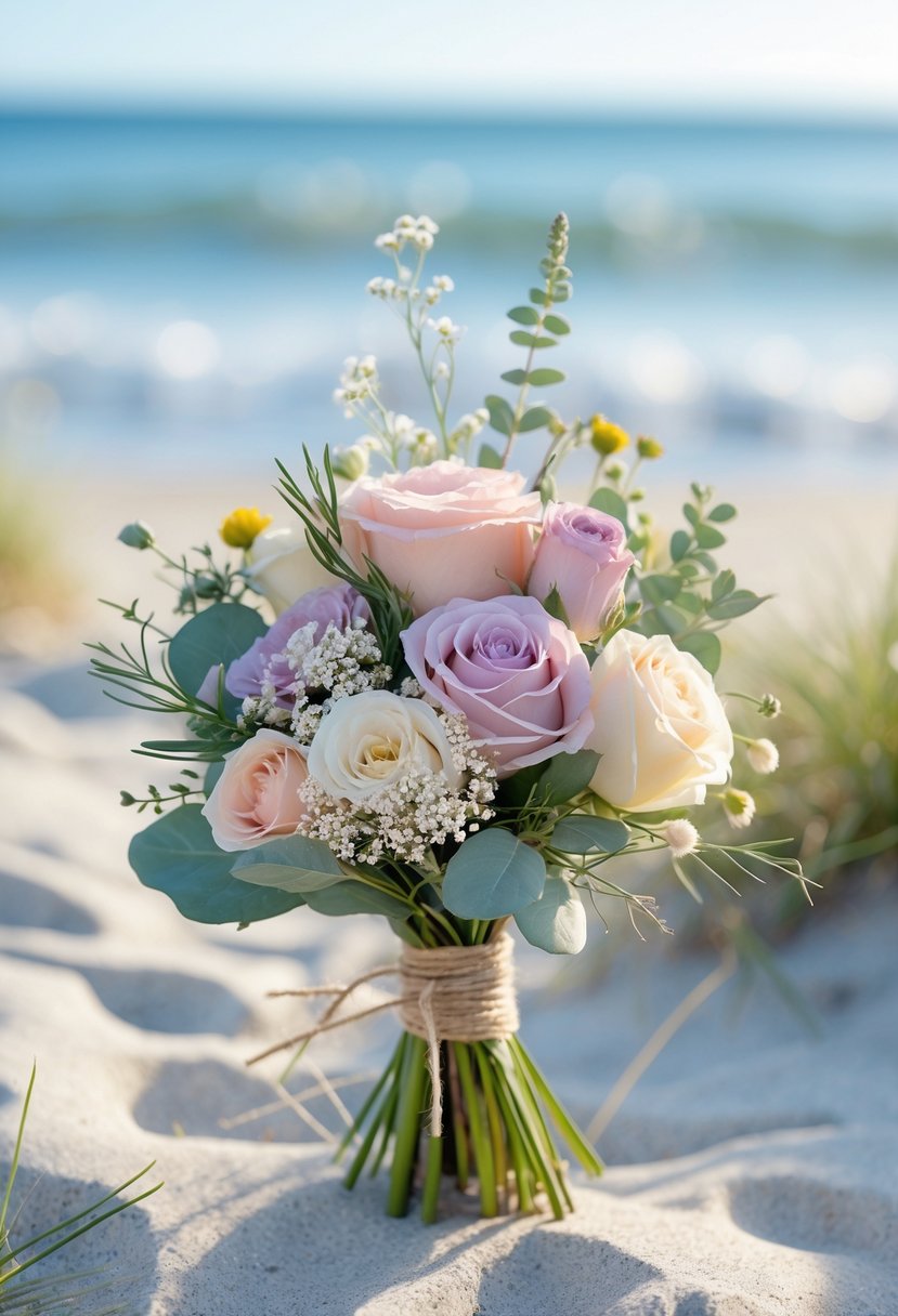 A small wedding bouquet with pastel flowers and greenery held against a blurred beach background with sand and ocean waves.