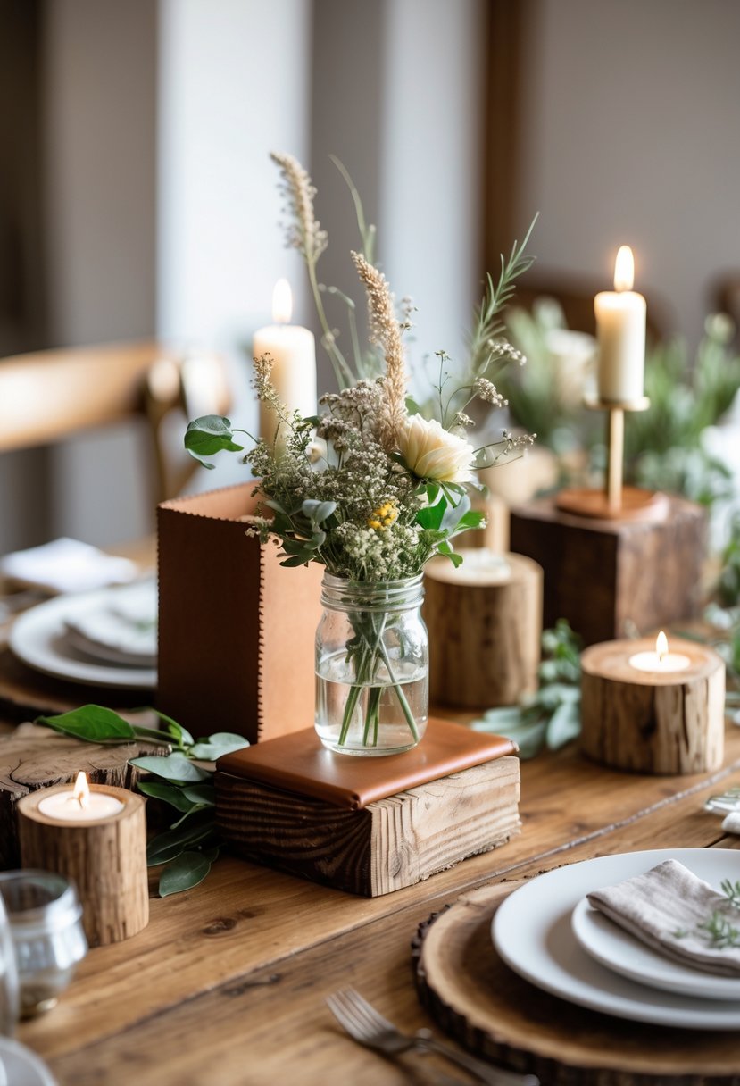 A wedding table decorated with leather coasters, wooden centerpieces, flowers in glass jars, and neutral table settings.
