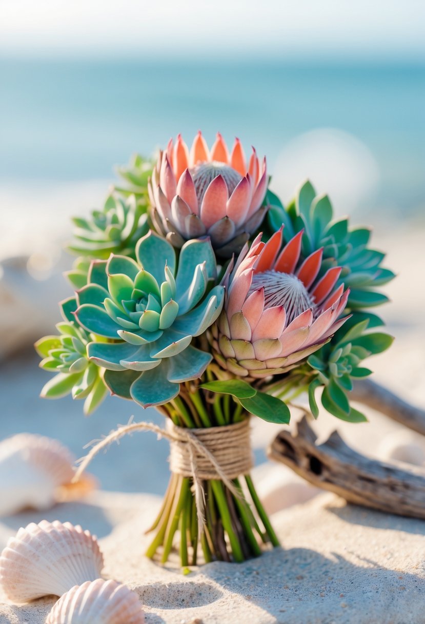 A small bouquet of succulents and protea flowers resting on sand with seashells and driftwood in the background.