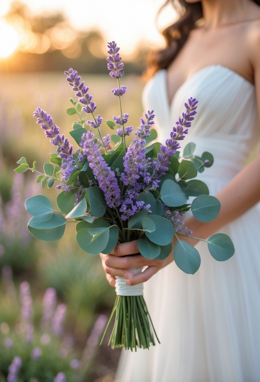 A small wedding bouquet made of lavender and eucalyptus held by a person wearing a white dress.