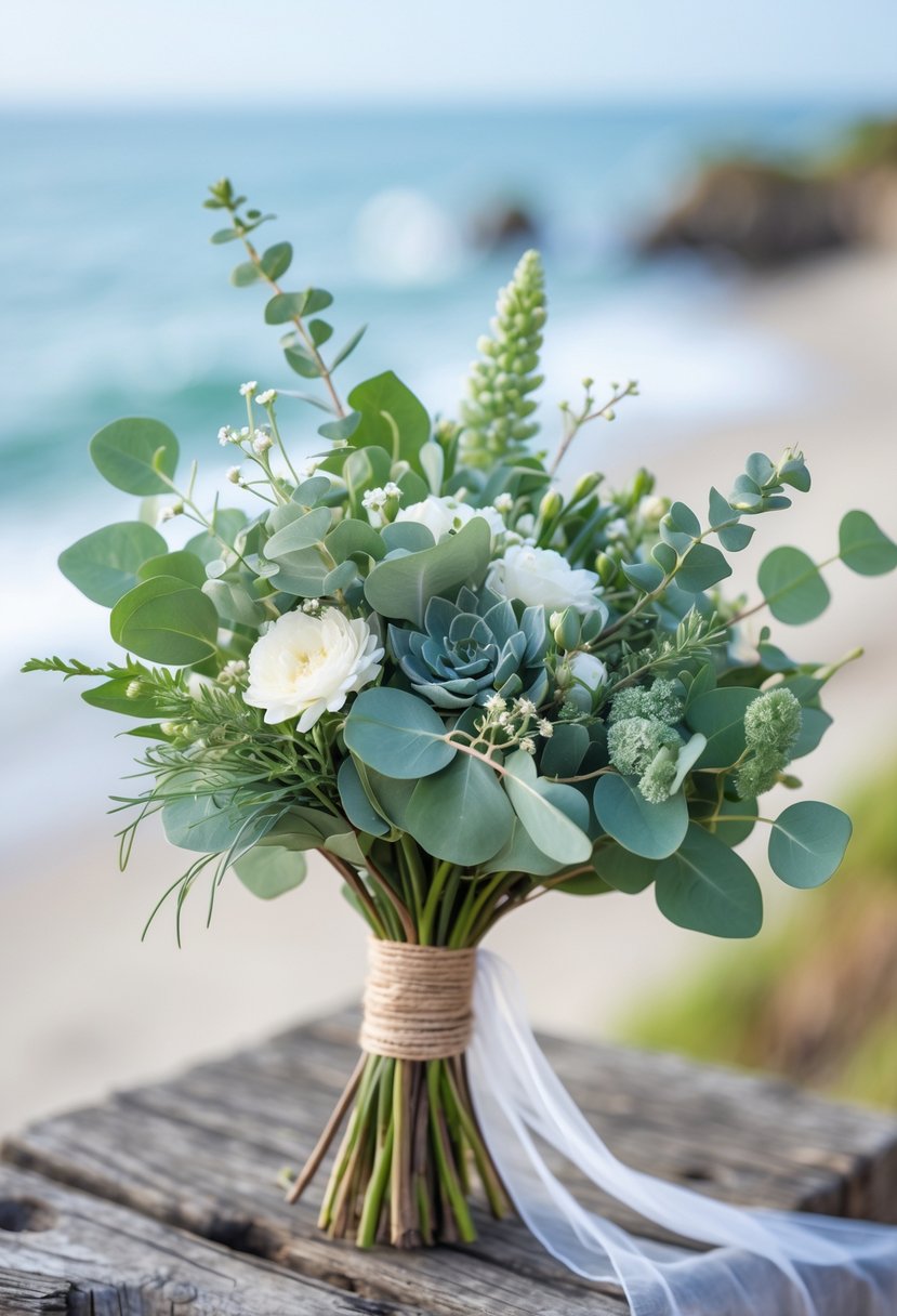 A small wedding bouquet made of eucalyptus and greenery with white flowers, set against a blurred seaside background.