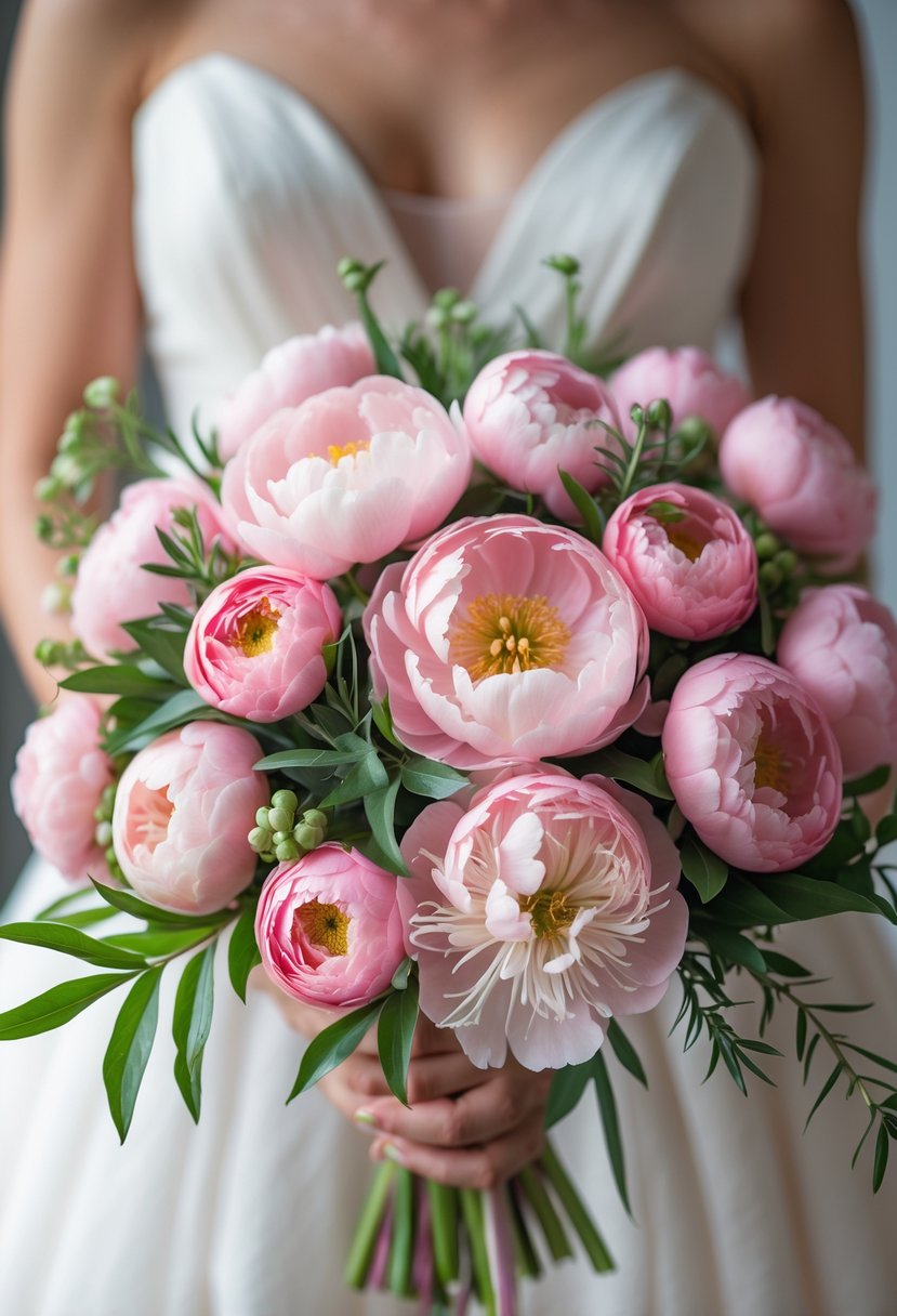 A small wedding bouquet of pink peonies and ranunculus flowers held by a person in a white dress.