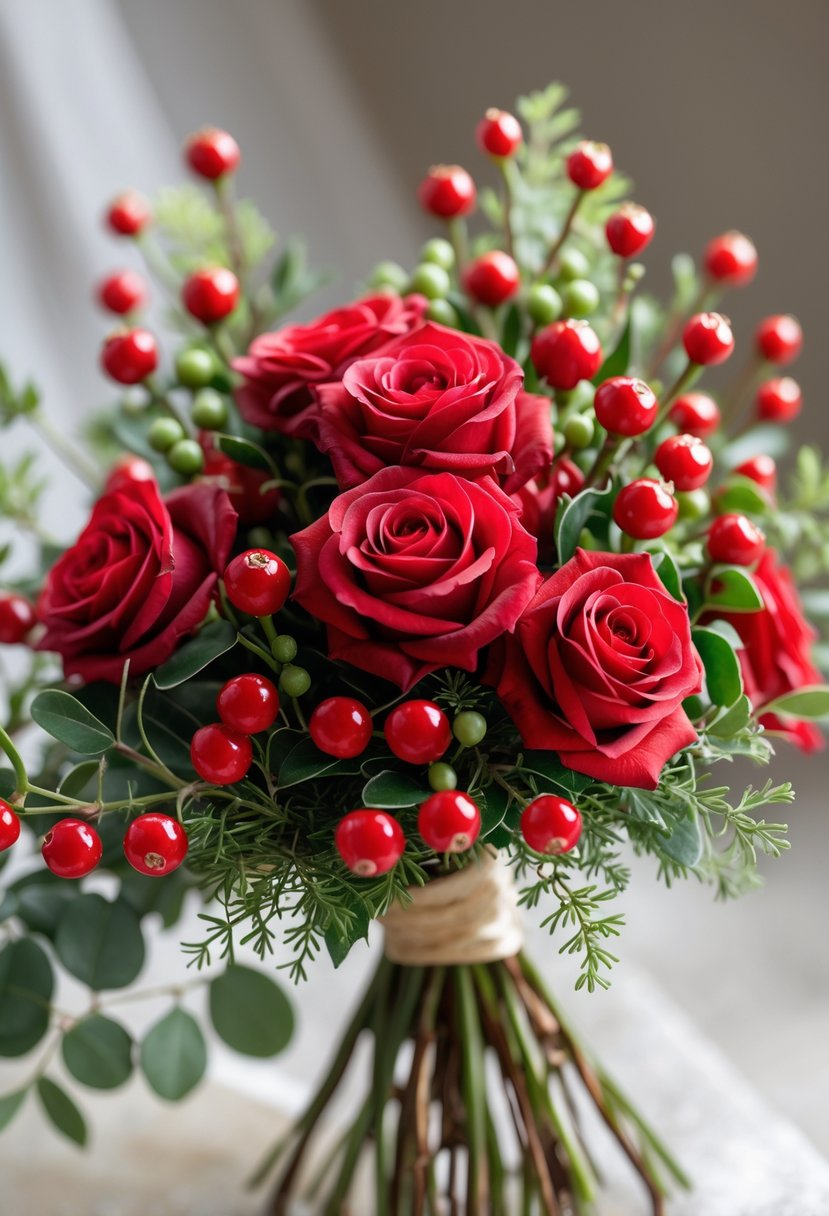 A close-up of a small wedding bouquet with mini red roses, hypericum berries, and green leaves.