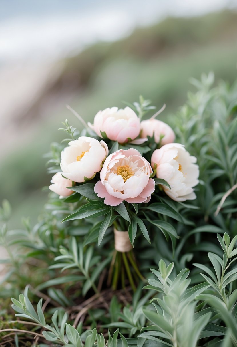 A small cluster of pink and white peony flowers with soft green leaves.
