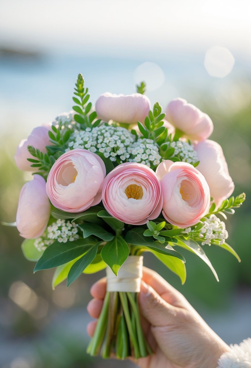 A small bouquet of soft pink ranunculus flowers with green leaves held against a blurred coastal background.