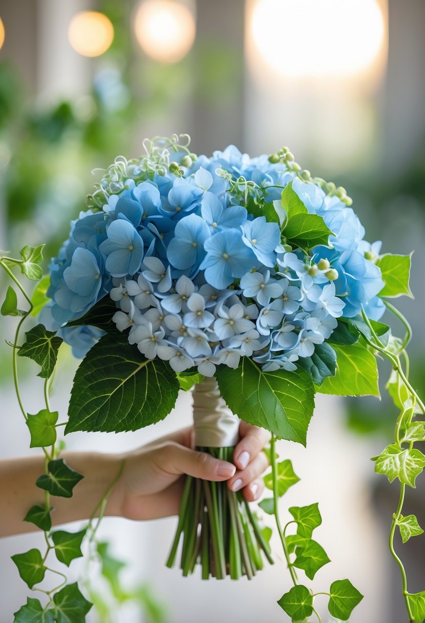 A small wedding bouquet of blue hydrangeas and green ivy leaves held gently against a blurred background.