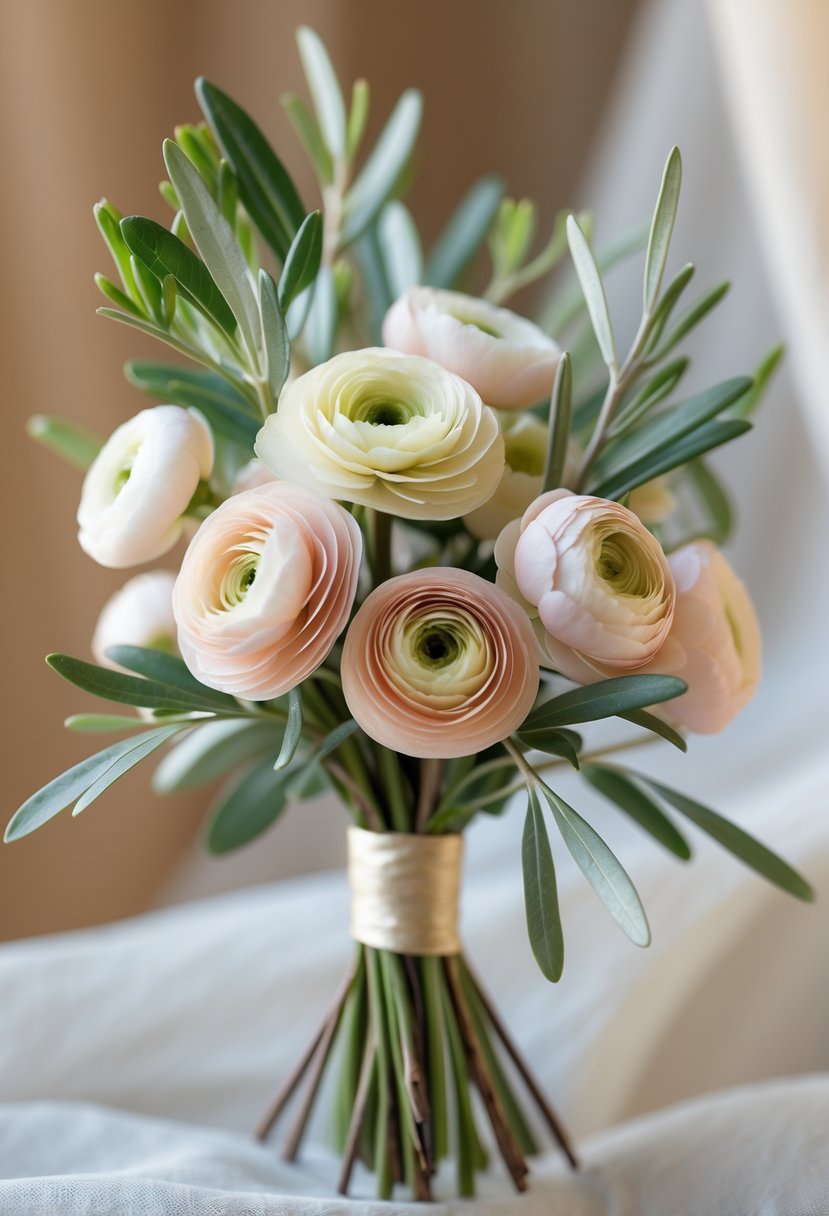 A small wedding bouquet with miniature ranunculus flowers and olive branches arranged together.
