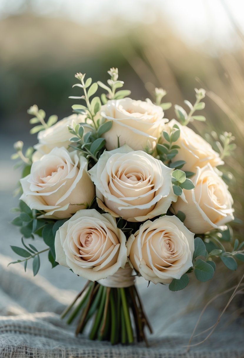 A small bouquet of cream garden roses with green leaves arranged together.