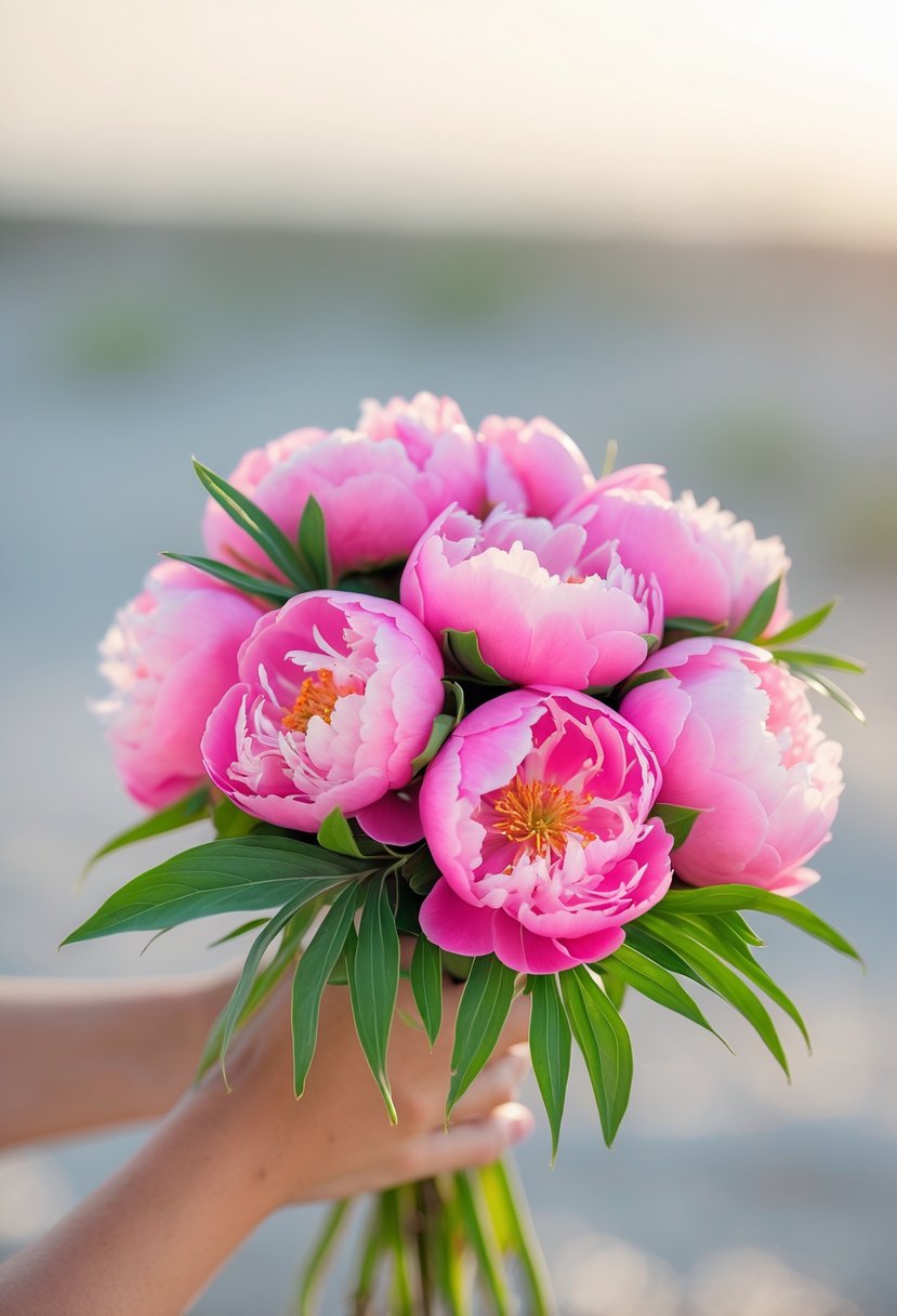 A small bouquet of bright pink peonies with green leaves against a soft coastal background.