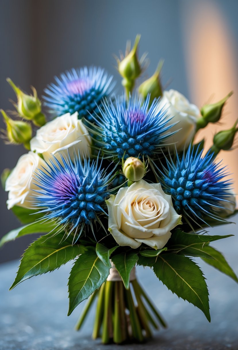 A small wedding bouquet with blue thistle flowers and white rose buds surrounded by green leaves.