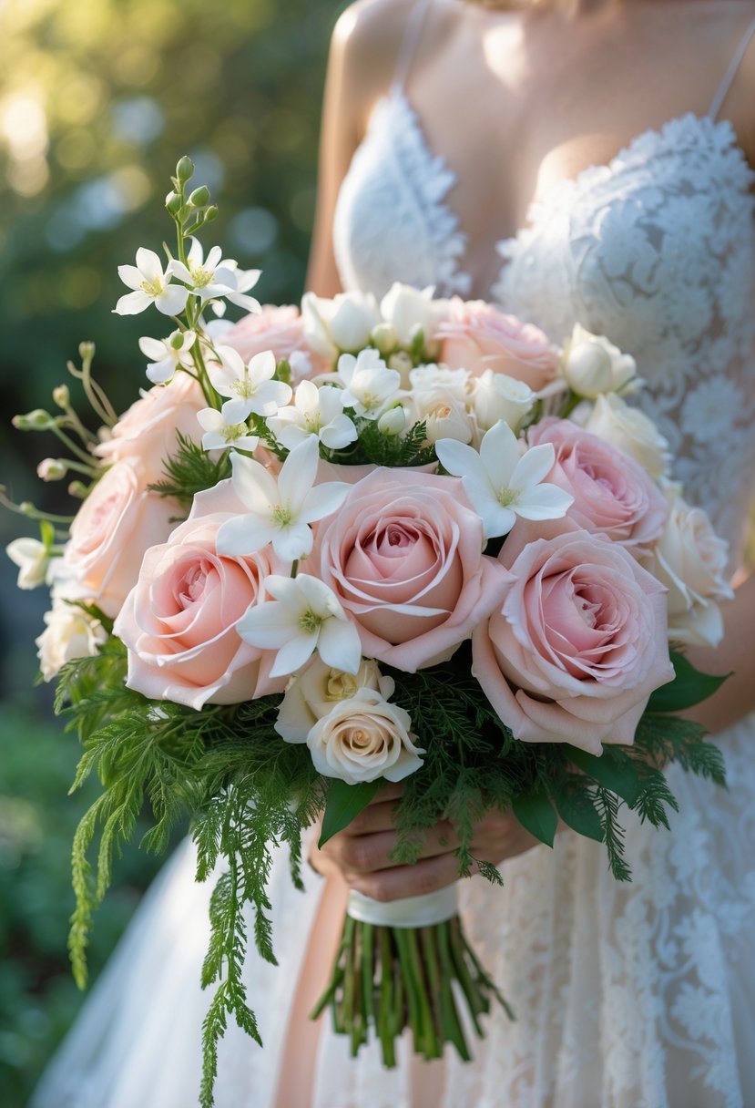 A small wedding bouquet of pale pink jasmine and garden roses held by a bride outdoors.