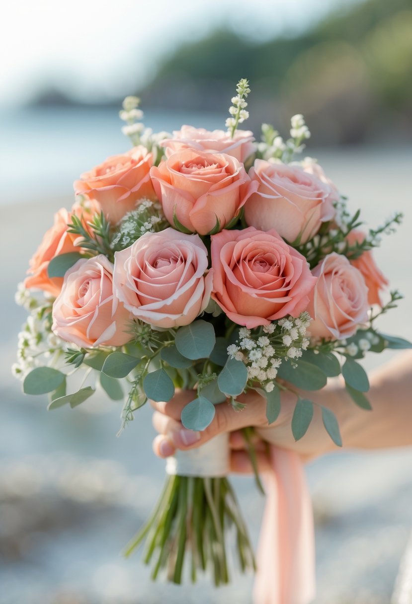A small bouquet of coral and blush roses with greenery and white filler flowers.