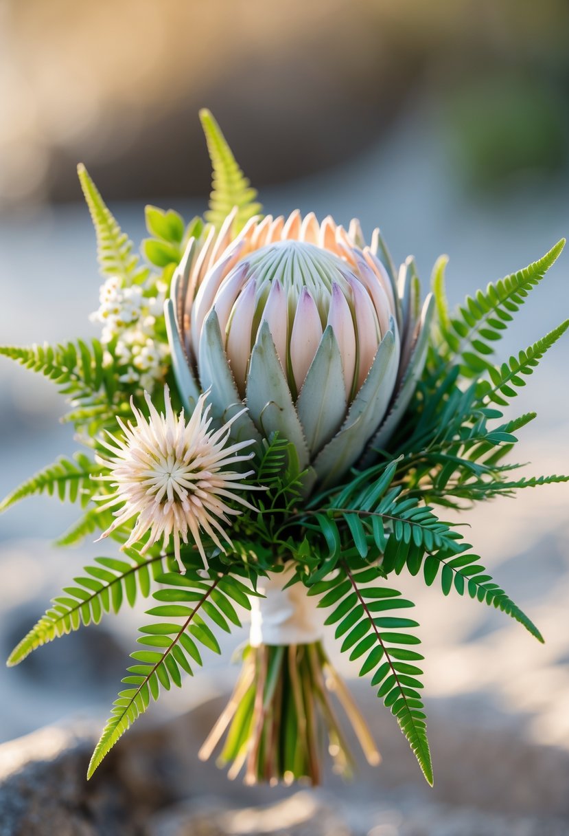 A small wedding bouquet with a protea flower and green fern leaves.