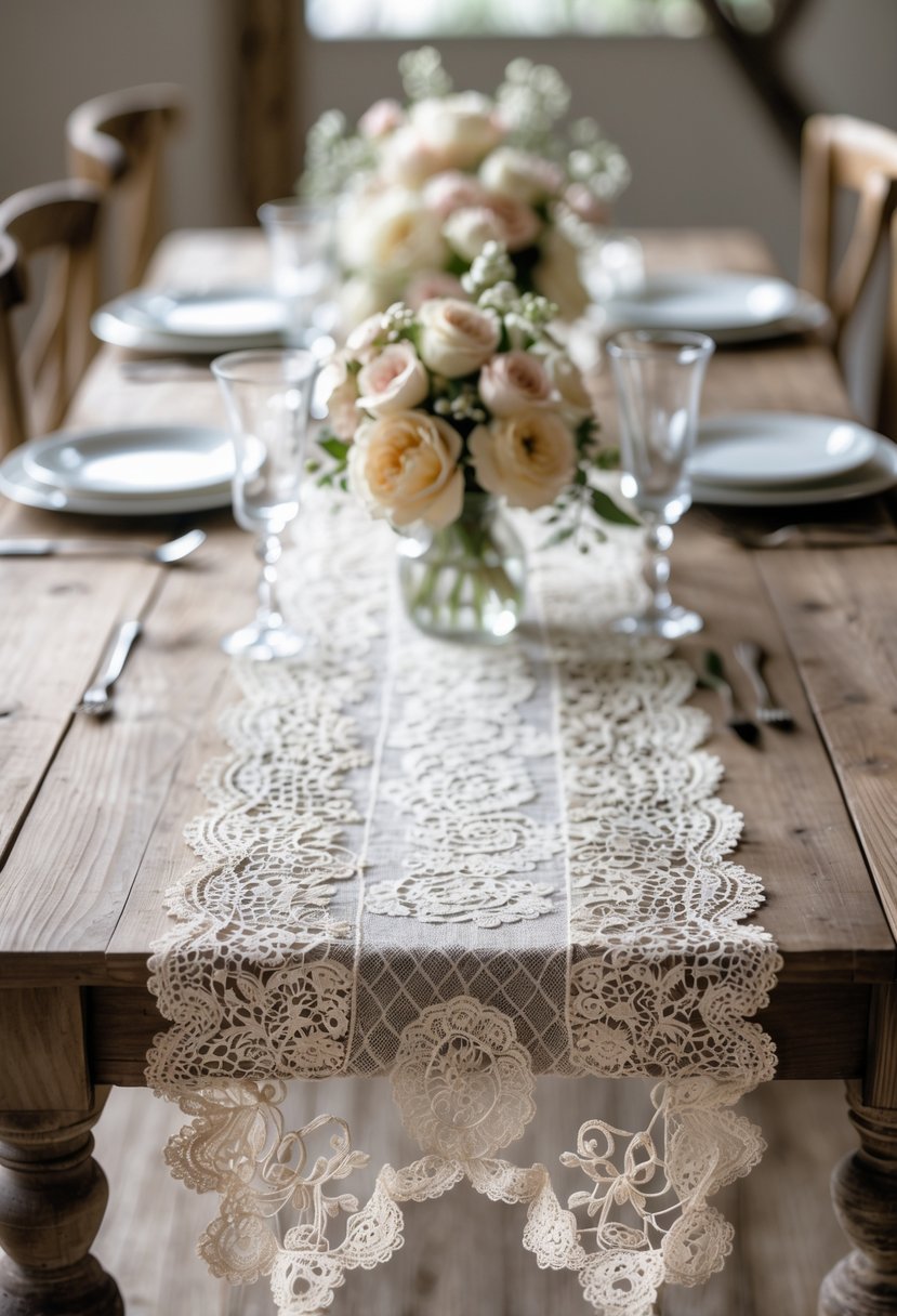 A wedding table decorated with antique lace table runners, floral arrangements, and rustic wooden accents.