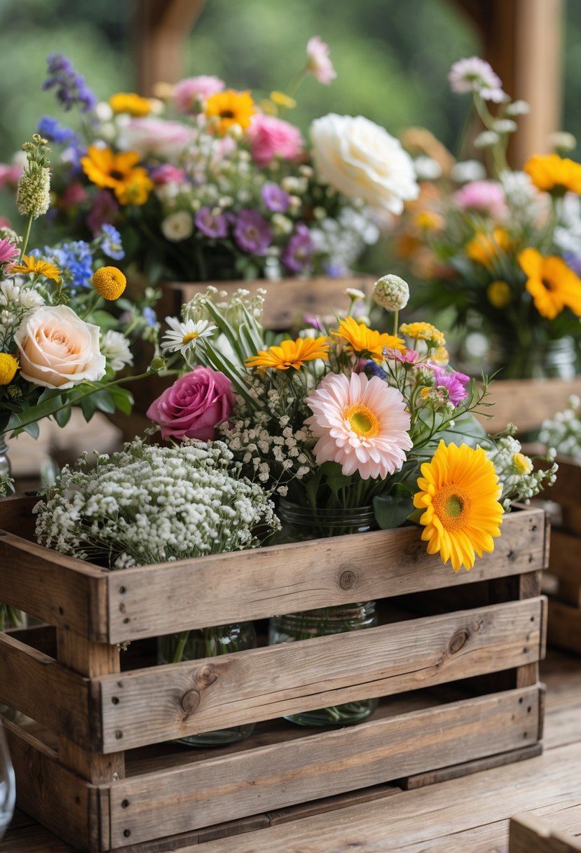 Wooden crates filled with colorful fresh flowers arranged on a table.