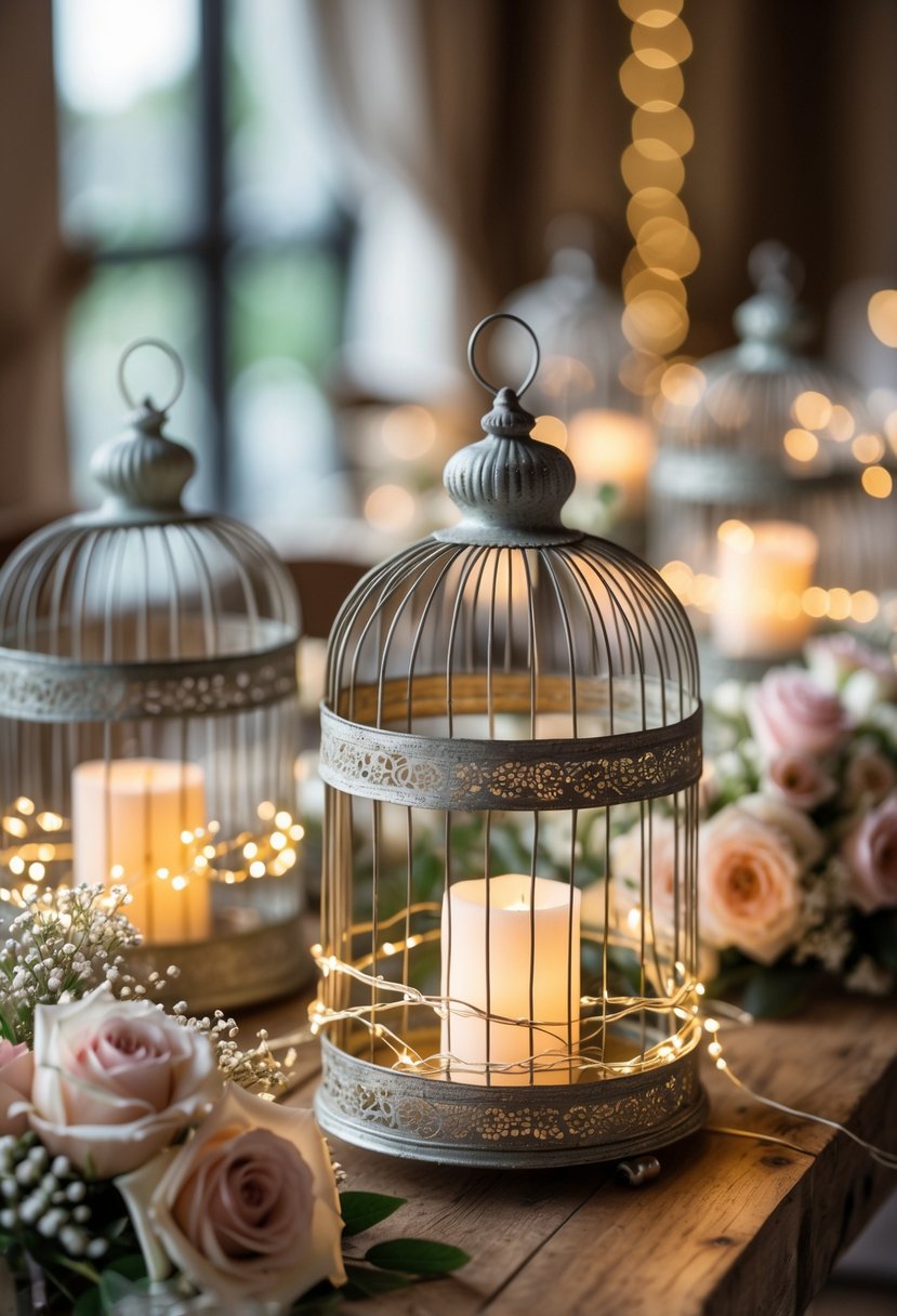 Several vintage birdcages decorated with fairy lights and flowers arranged on a wooden table at a wedding.