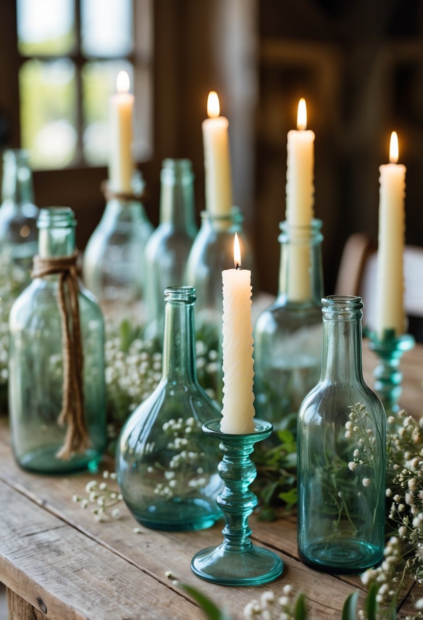 A wooden table decorated with vintage glass bottles holding lit candles and small floral accents.
