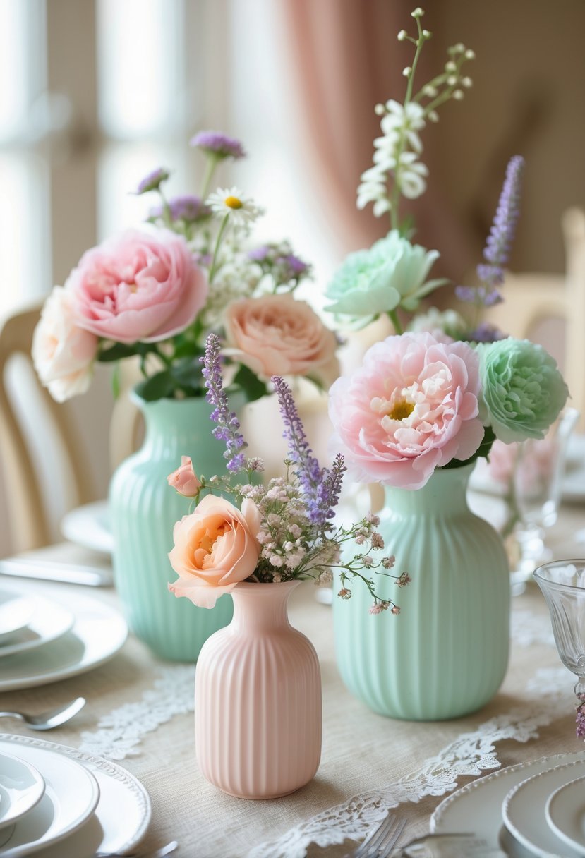 Wedding table with pastel-colored floral centerpieces and vintage-style decorations.