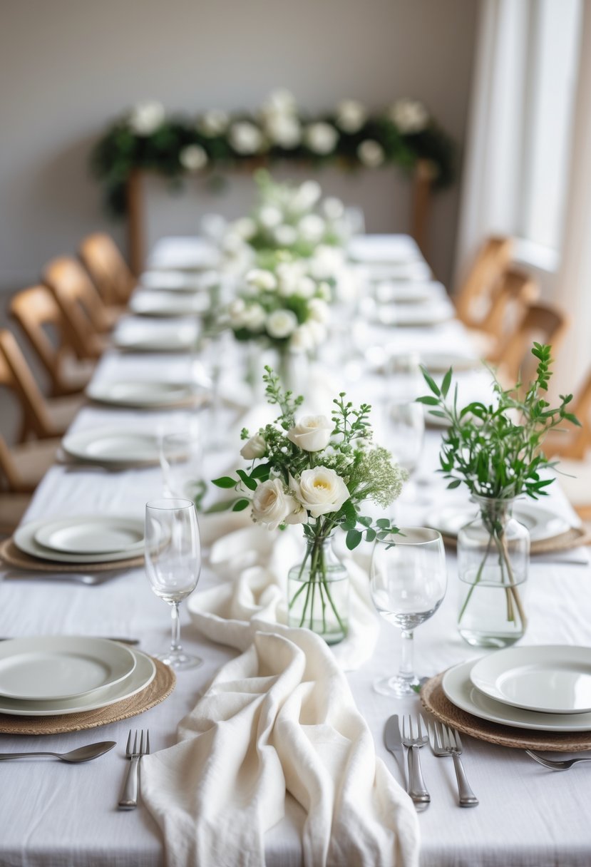 A wedding table set with white linen tablecloths, simple floral arrangements, and clean white plates with silver cutlery.
