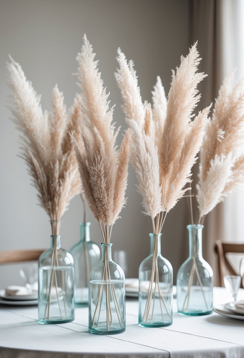 A white table with clear glass vases holding pampas grass arranged as a wedding decoration.