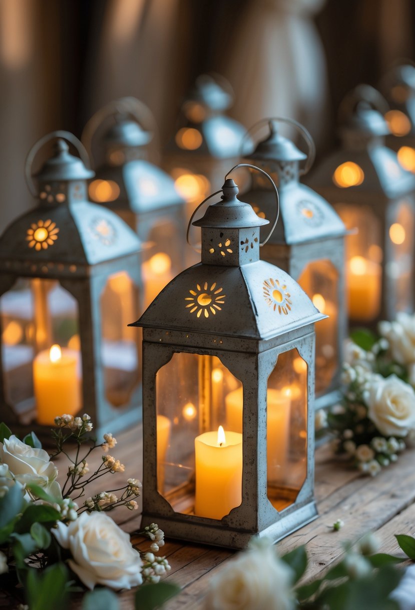 A wooden table with vintage tin lanterns holding glowing LED candles surrounded by small white flowers and greenery.