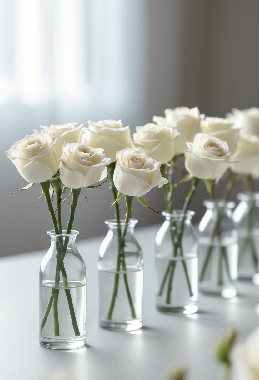 Single white roses in small clear vases arranged on a light-colored table.