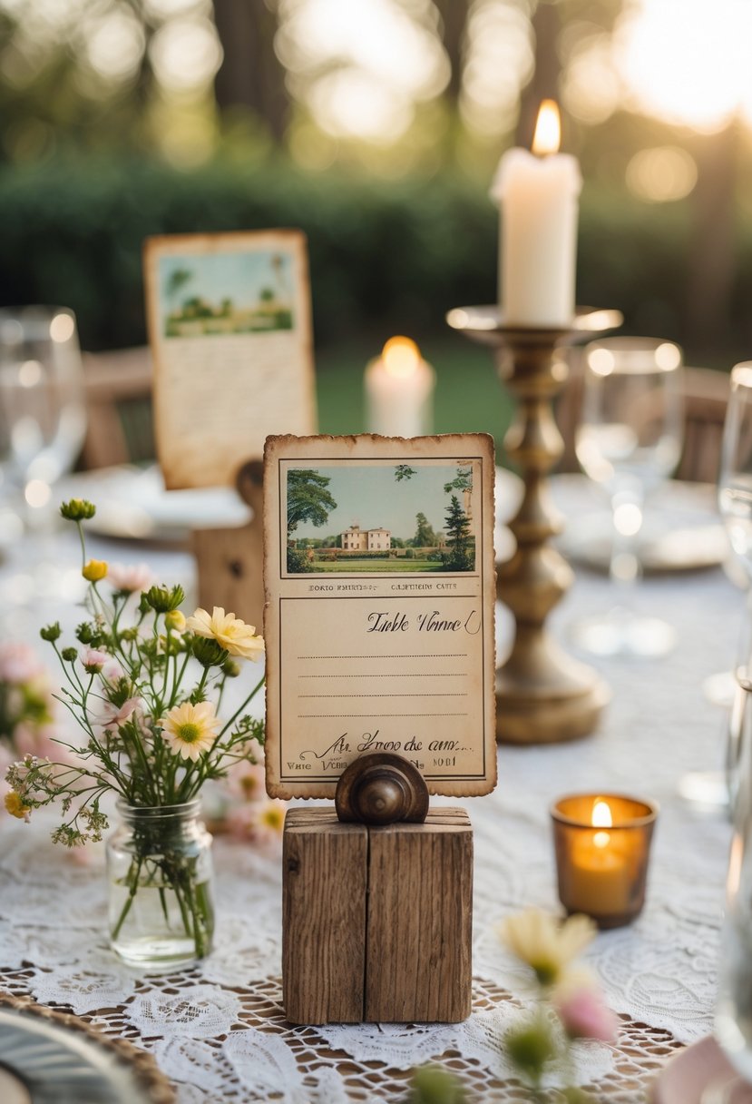 Wedding table setting with vintage postcards used as table name cards, surrounded by flowers and candles.