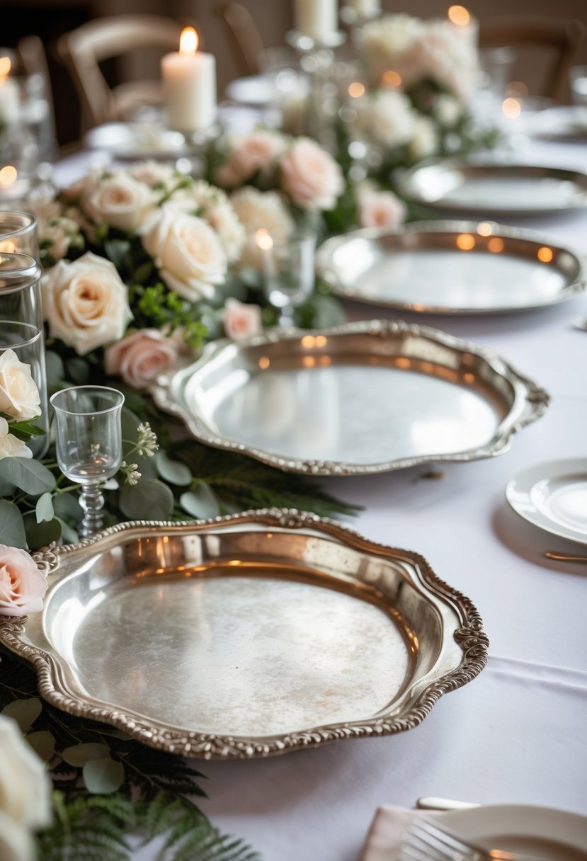 A wedding table decorated with vintage silver serving trays, flowers, and candles.