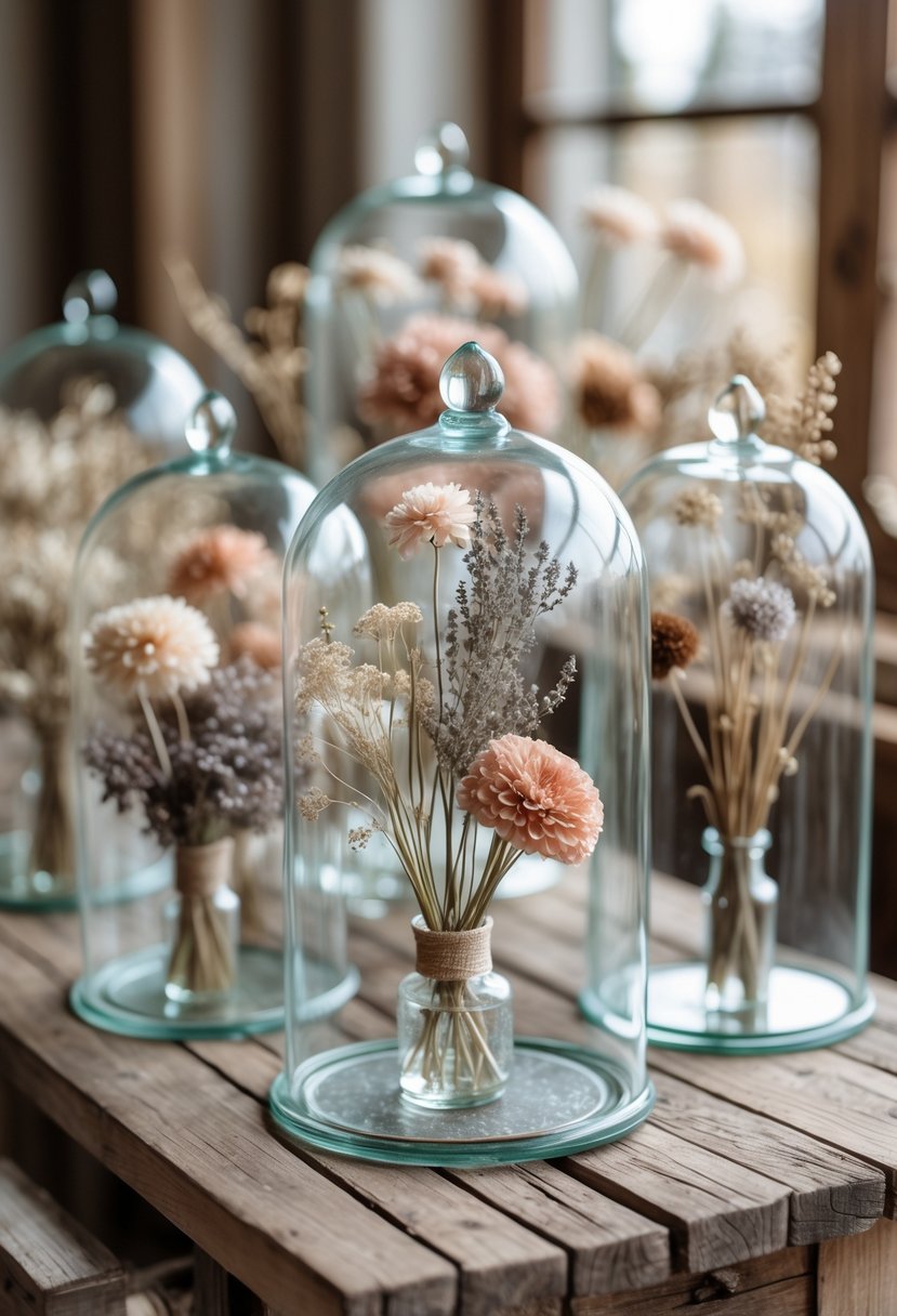 Glass cloches on a wooden table containing dried flowers arranged as wedding decorations.