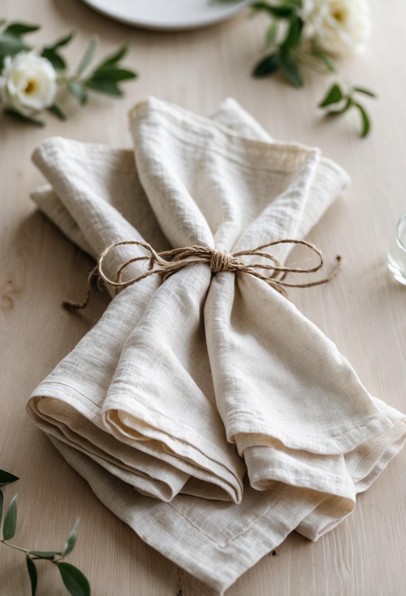 Thin linen napkins tied with twine placed on a wooden wedding table with simple greenery accents.