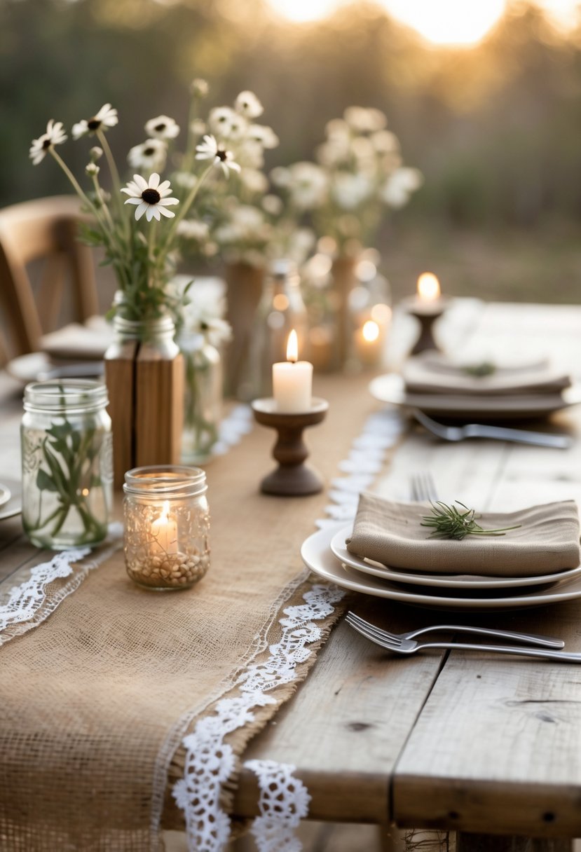 A wedding table decorated with burlap runners with lace accents, wildflowers in jars, candles, and plates arranged neatly.