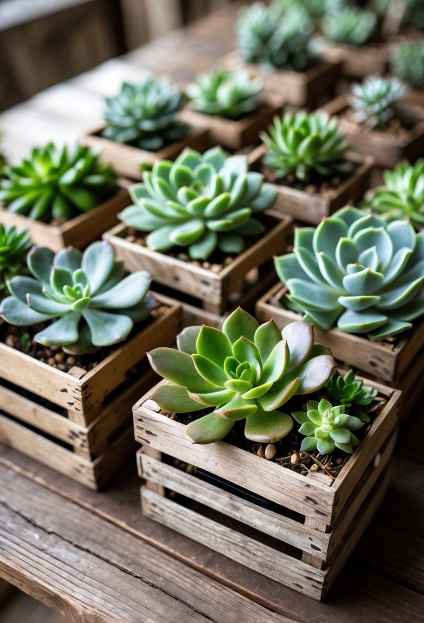Small wooden crates filled with green succulents arranged on a wooden table.