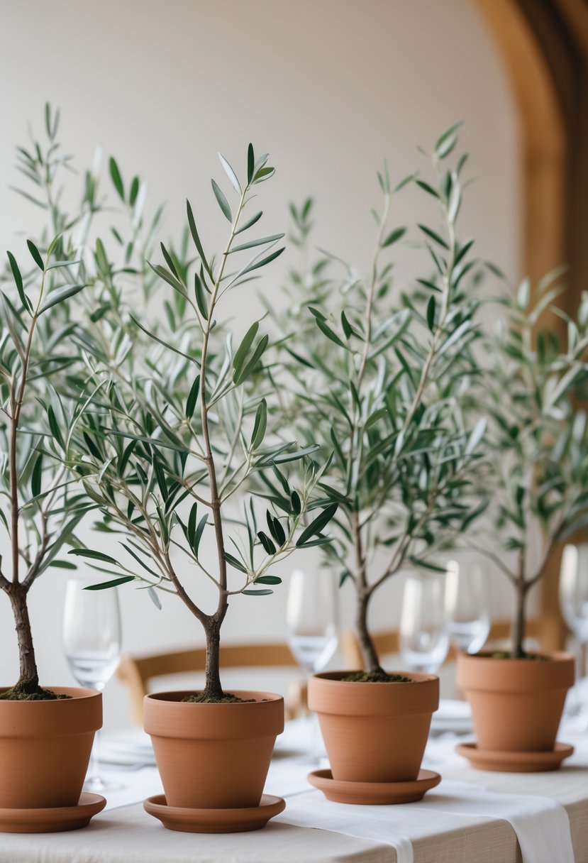 A wedding table decorated with small potted olive trees in simple terracotta pots surrounded by neutral linens and wooden accents.