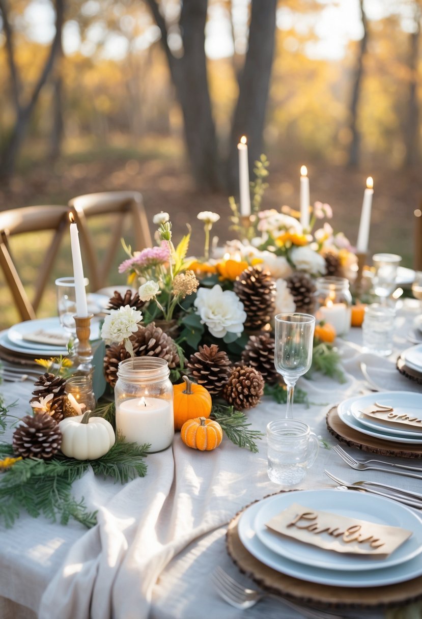 A wedding table decorated with seasonal natural elements like pinecones, leaves, wildflowers, candles, and simple tableware set outdoors.
