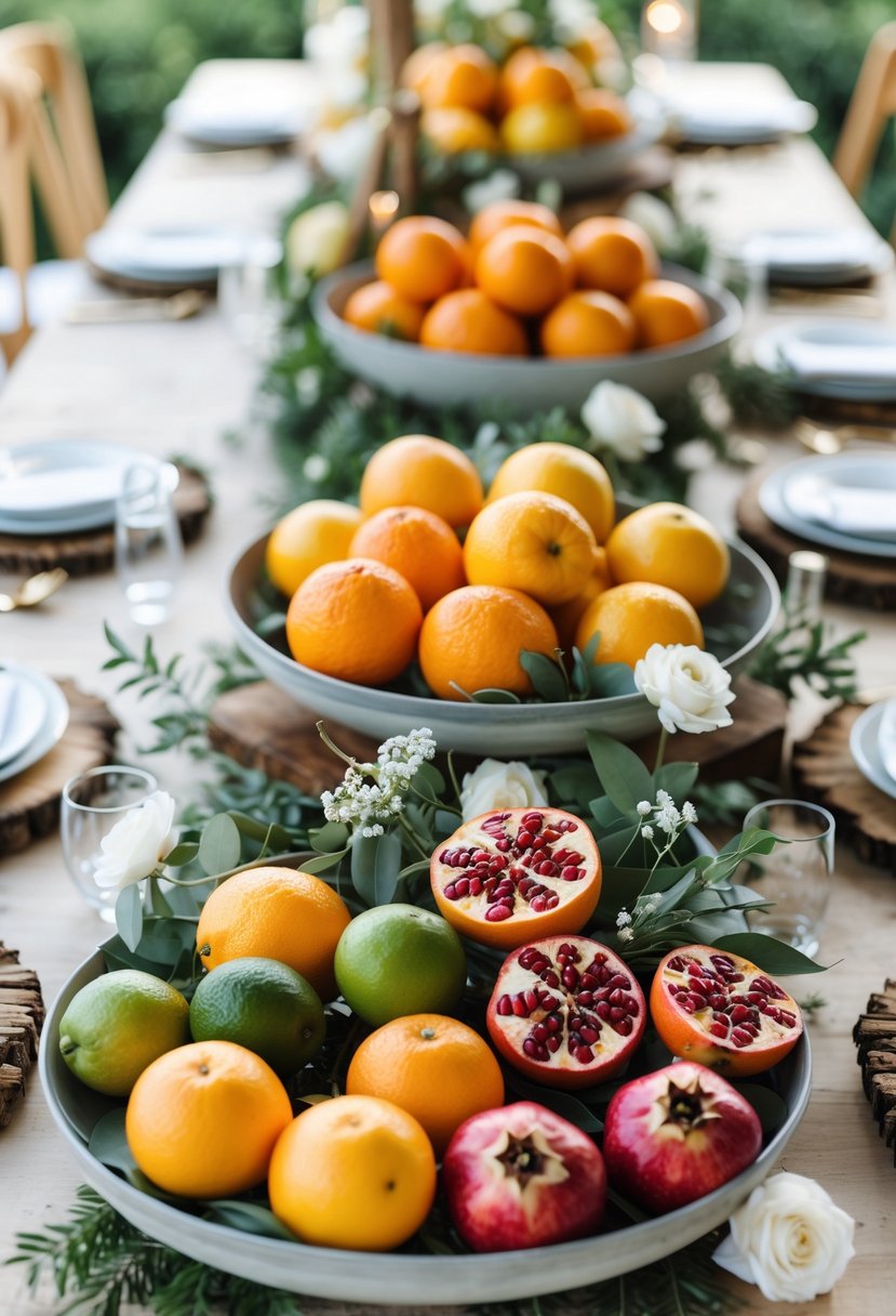 A wedding table decorated with bowls of citrus fruits and pomegranates, accompanied by greenery and small white flowers.