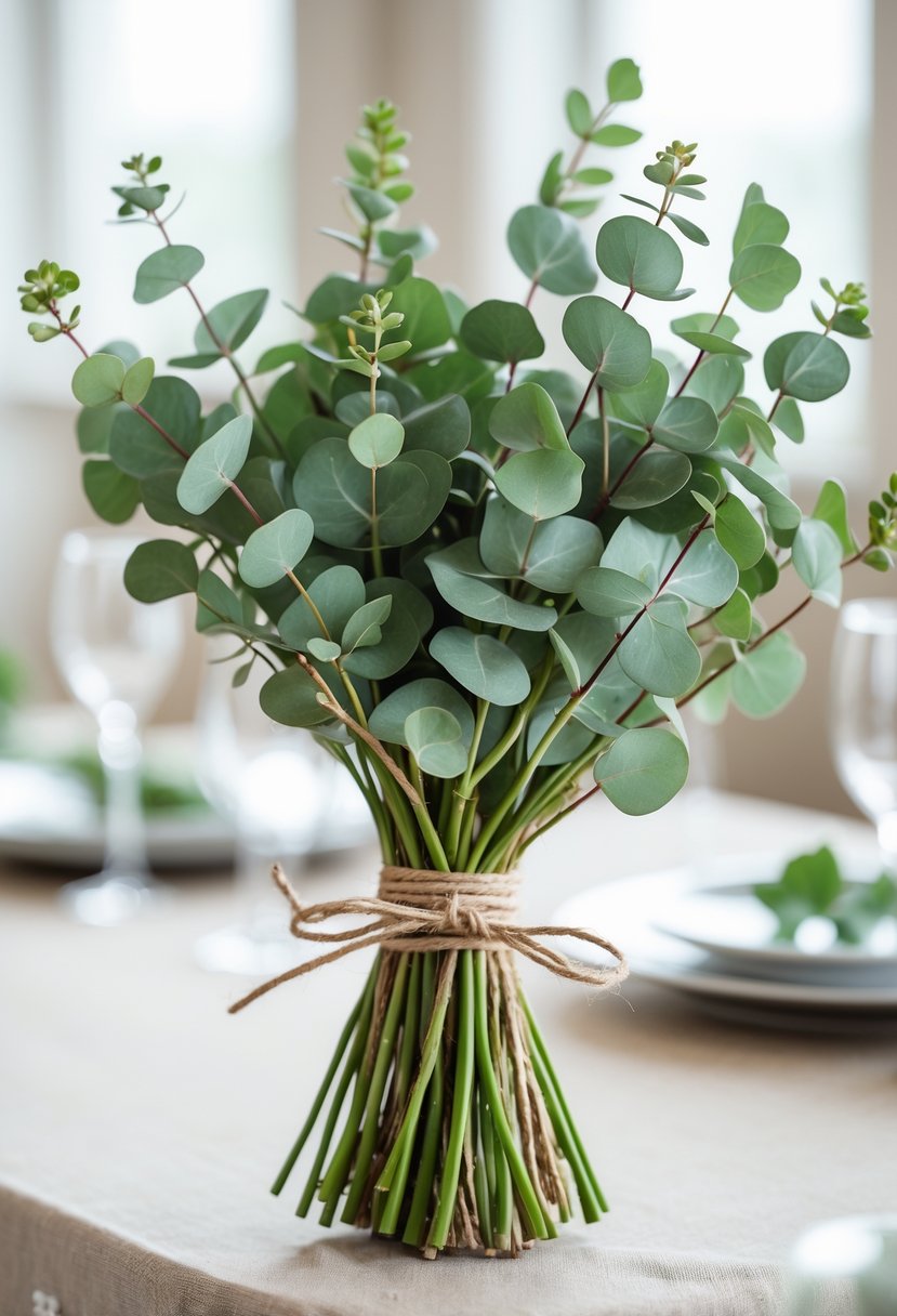 A bundle of fresh eucalyptus sprigs tied with twine resting on a wooden table.