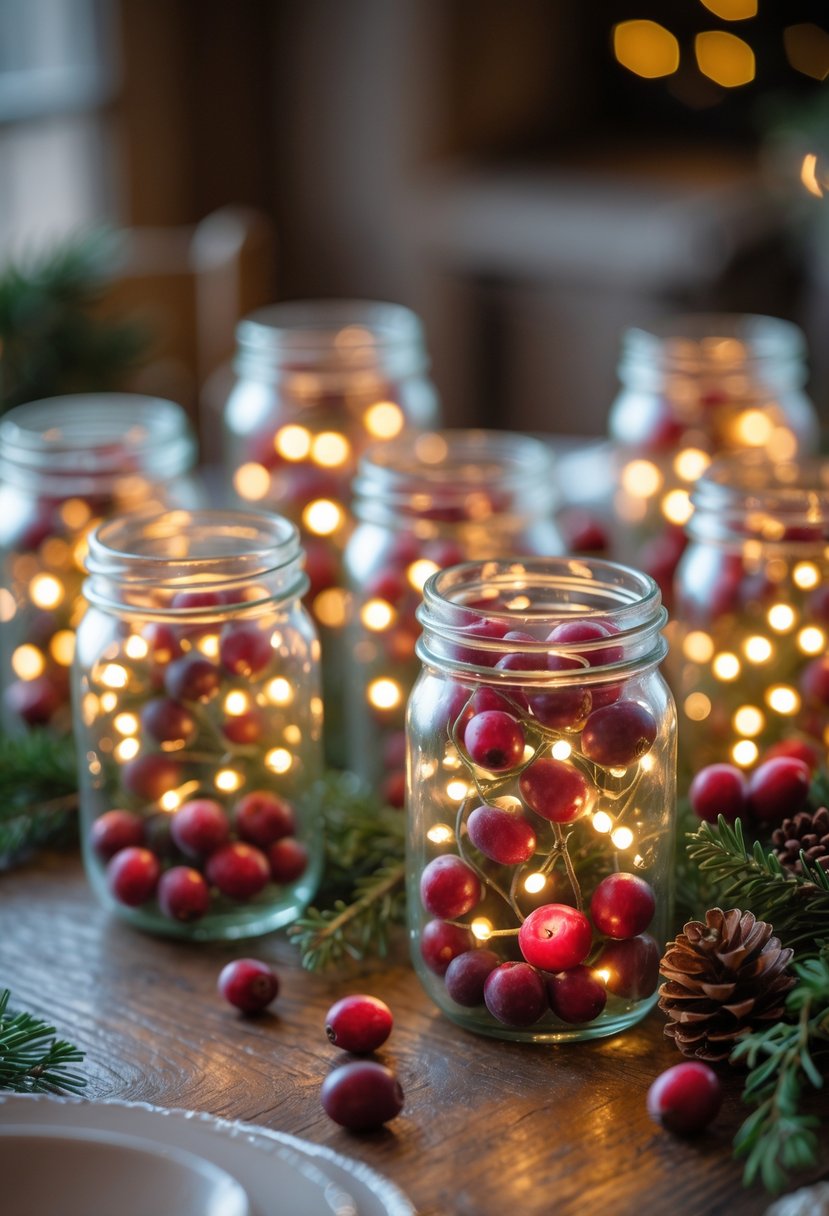 Glass jars filled with twinkle lights and cranberries arranged on a wooden table with greenery and pinecones.