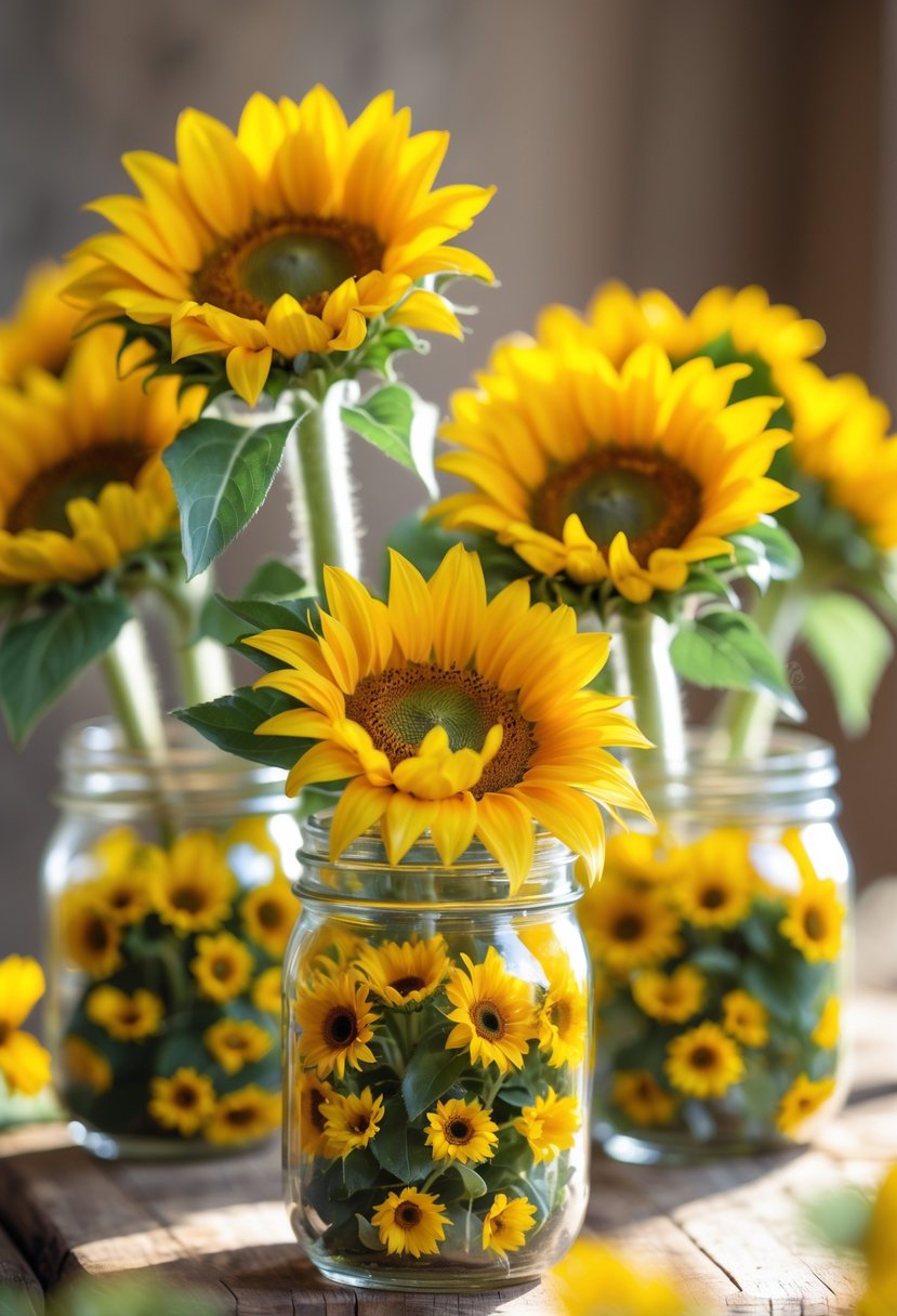 Bright yellow sunflowers in small mason jars arranged on a wooden table.