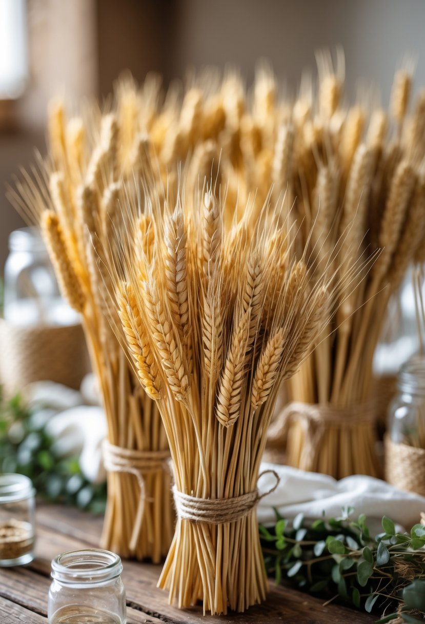 Bundles of dried wheat arranged on a wooden table with simple wedding decorations.