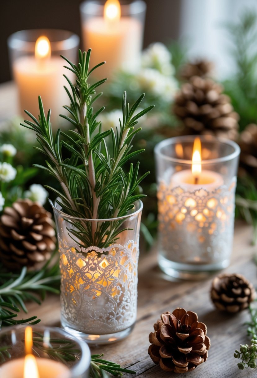 Candle holders decorated with fresh rosemary on a wooden table with warm candlelight and seasonal decorations.