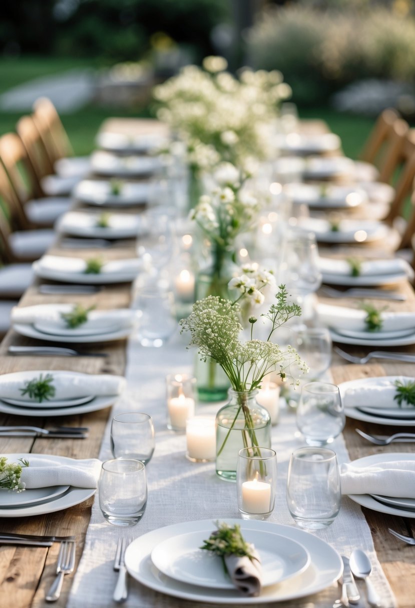 A wedding table set outdoors with simple flower vases, candles, plates, and cutlery arranged neatly on a wooden table.