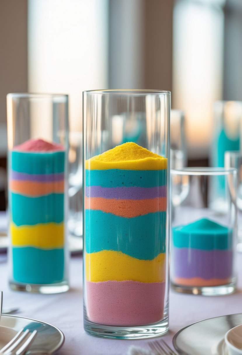 Clear glass cylinders filled with layers of colorful sand arranged on a wedding table.